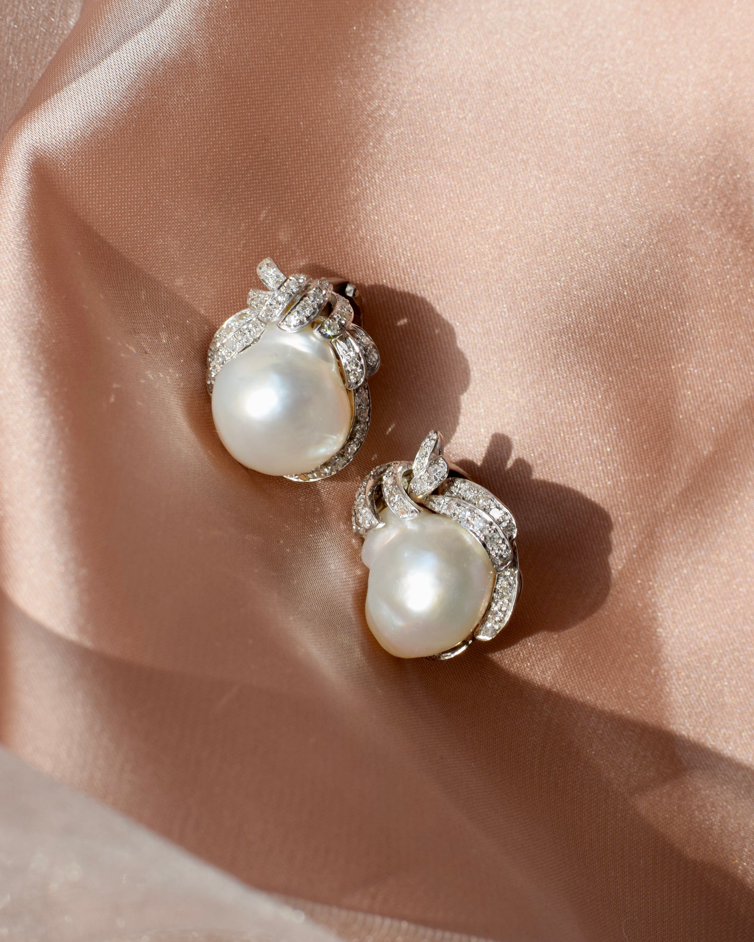 Baroque Pearl & Diamond 14K White Gold Earrings – Post + Clip Back