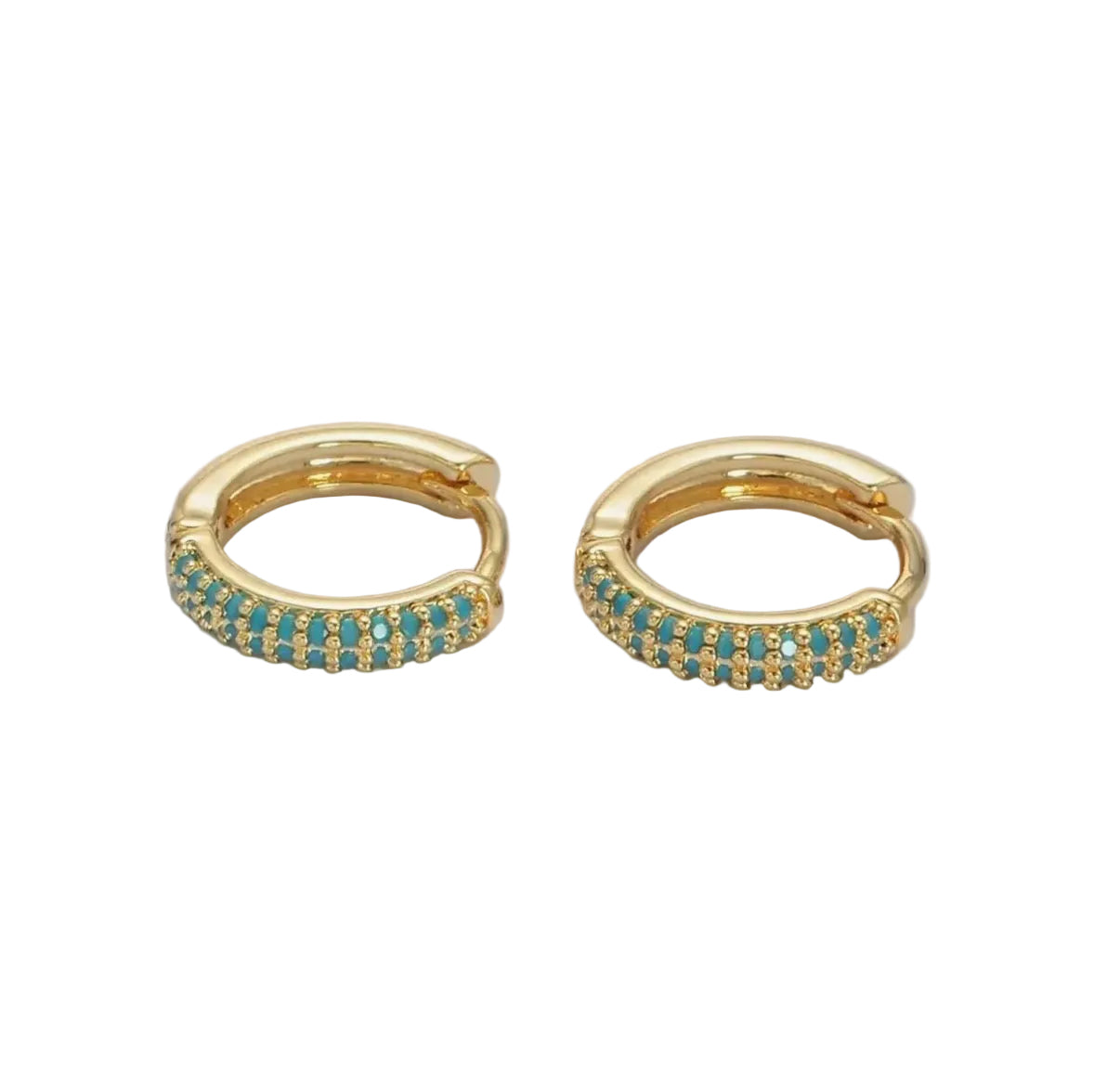 Gold hoop earrings with turquoise stones on a light gray background