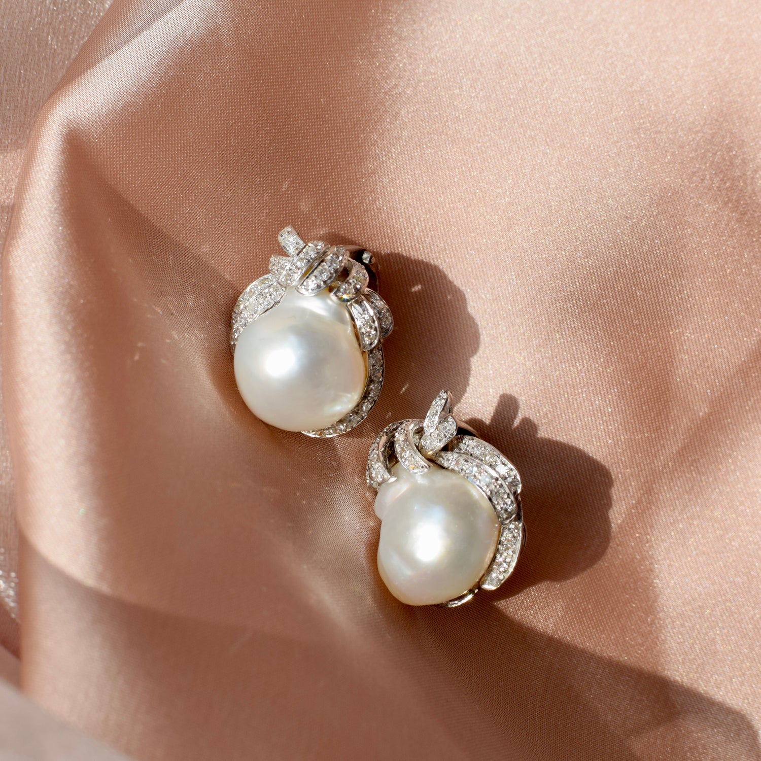 Baroque Pearl & Diamond 14K White Gold Earrings – Post + Clip Back