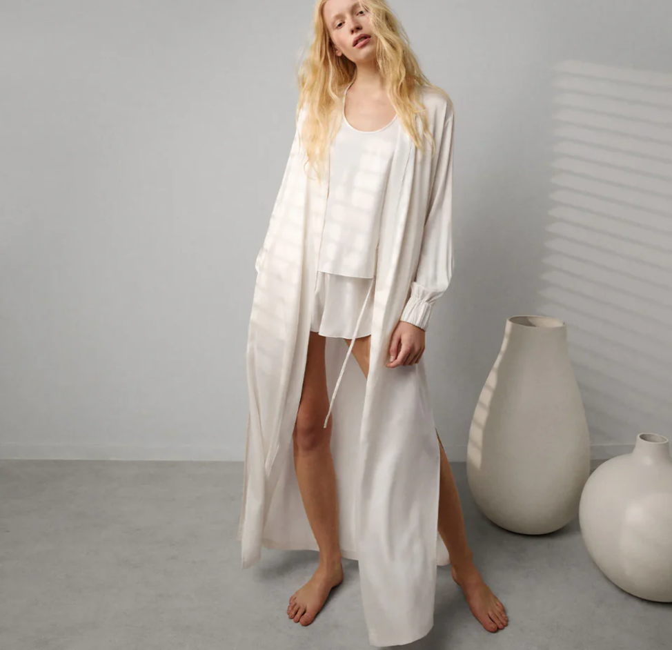 Lunya Long Washable Silk Robe in Tranquil White
